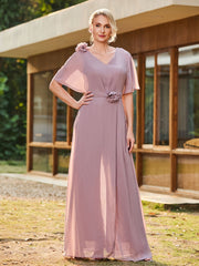 V-neck Short Sleeve Floral Applique Chiffon Jumpsuit Dusk