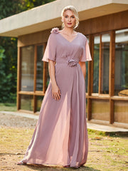 V-neck Short Sleeve Floral Applique Chiffon Jumpsuit Dusk
