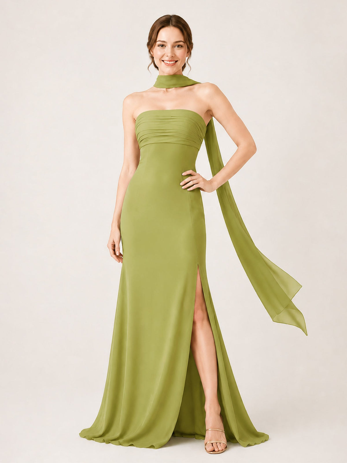 High-Slit Chiffon Maxi Dress Featuring Choker Neck Tie Clover