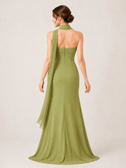 High-Slit Chiffon Maxi Dress Featuring Choker Neck Tie Clover