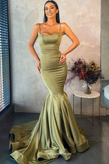 Olive Green Mermaid Spaghetti Strap Square Neck Prom Dresses, CP0705