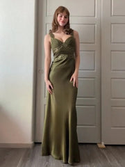 Olive Green Spaghetti Straps Sheath Satin Long Prom Dress