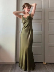Olive Green Spaghetti Straps Sheath Satin Long Prom Dress