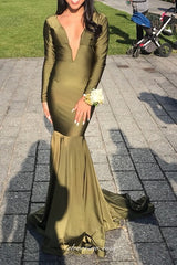 Oliver Green Long Sleeves V-neck Mermaid Formal Dresses,CP0706