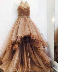 Ombre Prom Dresses Beaded Halter Ruffles Hem Front Short Long Back