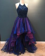 Ombre Prom Dresses Beaded Halter Ruffles Hem Front Short Long Back