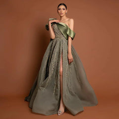Gorgeous Sparkling Beaded Green One-shoulder A-Line High Slit Long Prom Dress Evening Dress HZ1024