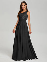 A-Line One Shoulder Sequins Prom Dresses With Split