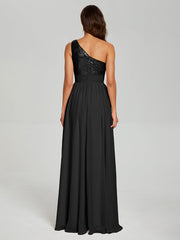A-Line One Shoulder Sequins Prom Dresses With Split