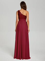 A-Line One Shoulder Sequins Prom Dresses With Split