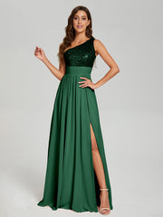 A-Line One Shoulder Sequins Prom Dresses With Split