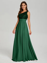 A-Line One Shoulder Sequins Prom Dresses With Split