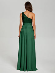 A-Line One Shoulder Sequins Prom Dresses With Split
