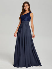 A-Line One Shoulder Sequins Prom Dresses With Split