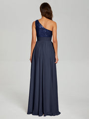 A-Line One Shoulder Sequins Prom Dresses With Split