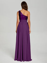 A-Line One Shoulder Sequins Prom Dresses With Split