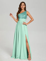A-Line One Shoulder Sequins Prom Dresses With Split