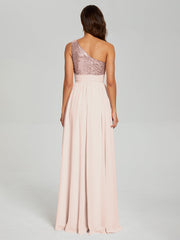A-Line One Shoulder Sequins Prom Dresses With Split