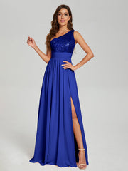 A-Line One Shoulder Sequins Prom Dresses With Split