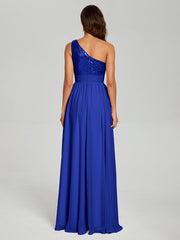 A-Line One Shoulder Sequins Prom Dresses With Split