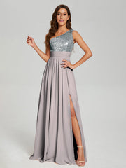 A-Line One Shoulder Sequins Prom Dresses With Split