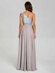 A-Line One Shoulder Sequins Prom Dresses With Split
