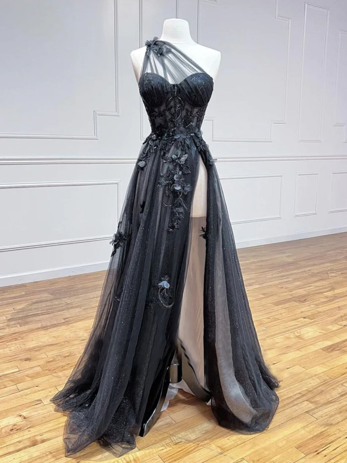 One Shoulder Black Lace Floral Long Prom Dresses with High Slit, Black Formal Graduation Evening Dresses with 3D Flowers