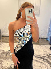 One Shoulder Black Mermaid Rhinestone Prom Dresses, One Shoulder Black Mermaid Long Formal Evening Dresses