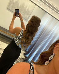 One Shoulder Black Mermaid Rhinestone Prom Dresses, One Shoulder Black Mermaid Long Formal Evening Dresses