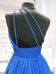 One Shoulder Blue Backless Long Prom Dresses, Open Back Blue Long Formal Evening Dresses