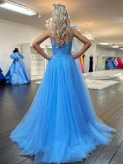 One Shoulder Blue Lace Long Prom Dresses with High Slit, One Shoulder Blue Formal Dresses, Blue Lace Evening Dresses