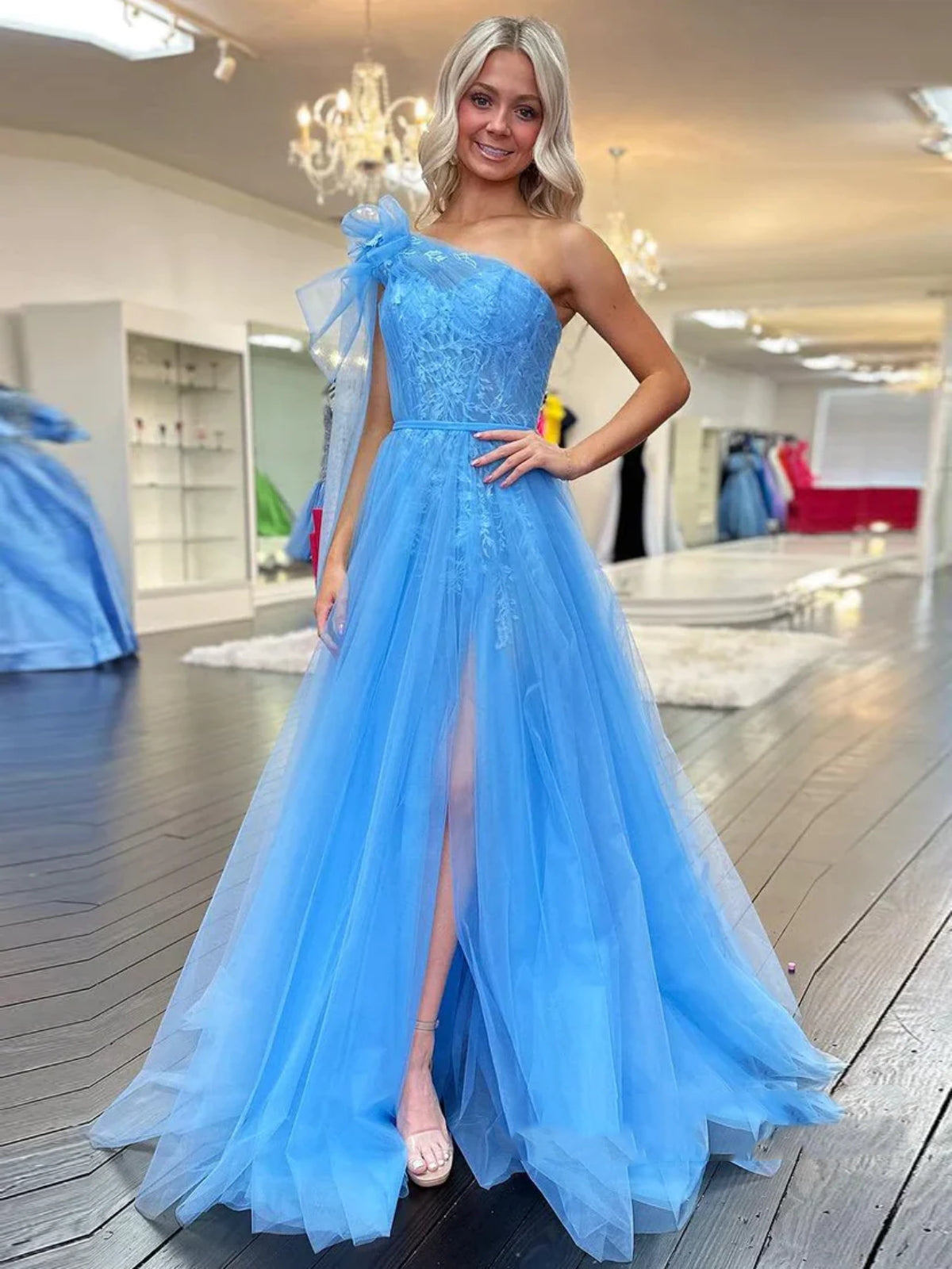 One Shoulder Blue Lace Long Prom Dresses with High Slit, One Shoulder Blue Formal Dresses, Blue Lace Evening Dresses