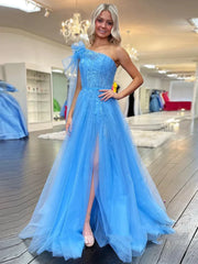One Shoulder Blue Lace Long Prom Dresses with High Slit, One Shoulder Blue Formal Dresses, Blue Lace Evening Dresses