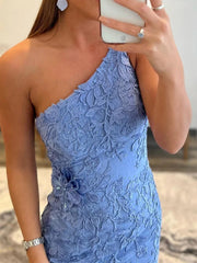 One Shoulder Blue Lace Mermaid Prom Dresses, One Shoulder Blue Lace Formal Evening Dresses
