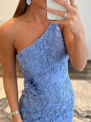 One Shoulder Blue Prom Dresses Lace Formal Dresses Mermaid