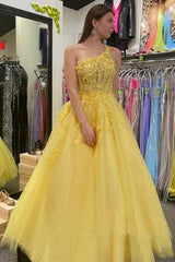 One Shoulder Blue Yellow Long Lace Prom Dresses, One Shoulder Lace Formal Evening Dresses