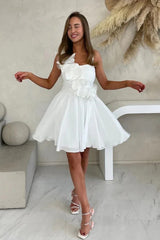 One Shoulder Floral Chiffon Short White Homecoming Dress TN412