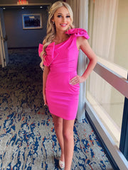 One Shoulder Hot Pink Short Prom Dresses, Short One Shoulder Hot Pink Formal Homecoming Dresses