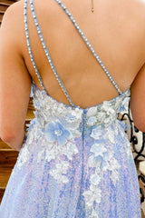 One Shoulder Lilac Lace Floral Long Prom Dress, One Shoulder Lilac Formal Dress, Lilac Evening Dress with 3D Flowers A2010