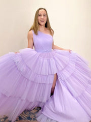 One Shoulder Lilac Tulle Long Prom Dresses with High Slit, One Shoulder Lilac Formal Dresses, Lilac Evening Dresses