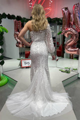 One Shoulder Long Sleeves Ivory Lace Long Prom Dress, Mermaid Ivory Formal Dress, Ivory Lace Evening Dress WT1887