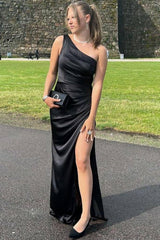 One Shoulder Mermaid Black Satin Long Prom Dress with High Slit, Mermaid Black Formal Dress, Black Evening Dress A2370