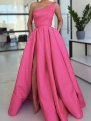 One Shoulder Pink Satin Long Prom Dresses, Pink Satin Long Formal Evening Dresses