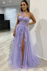One Shoulder Purple Blue Lace Split Prom Dresses Evening Dresses TP1215
