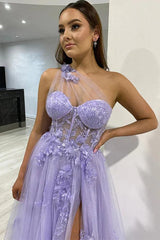 One Shoulder Purple Blue Lace Split Prom Dresses Evening Dresses TP1215