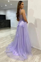 One Shoulder Purple Blue Lace Split Prom Dresses Evening Dresses TP1215