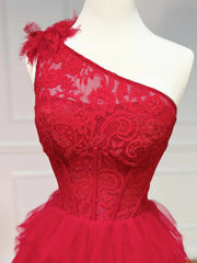 One Shoulder Red Lace Prom Dresses, One Shoulder Red Lace Formal Evening Dresses