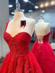 One Shoulder Red Lace Prom Dresses, One Shoulder Red Lace Formal Evening Dresses
