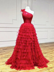 One Shoulder Red Lace Prom Dresses, One Shoulder Red Lace Formal Evening Dresses