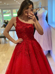 One Shoulder Red Lace Prom Dresses, One Shoulder Red Lace Formal Graduation Dresses